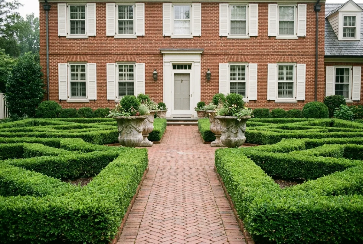 Formal gardens in front of a traditional home