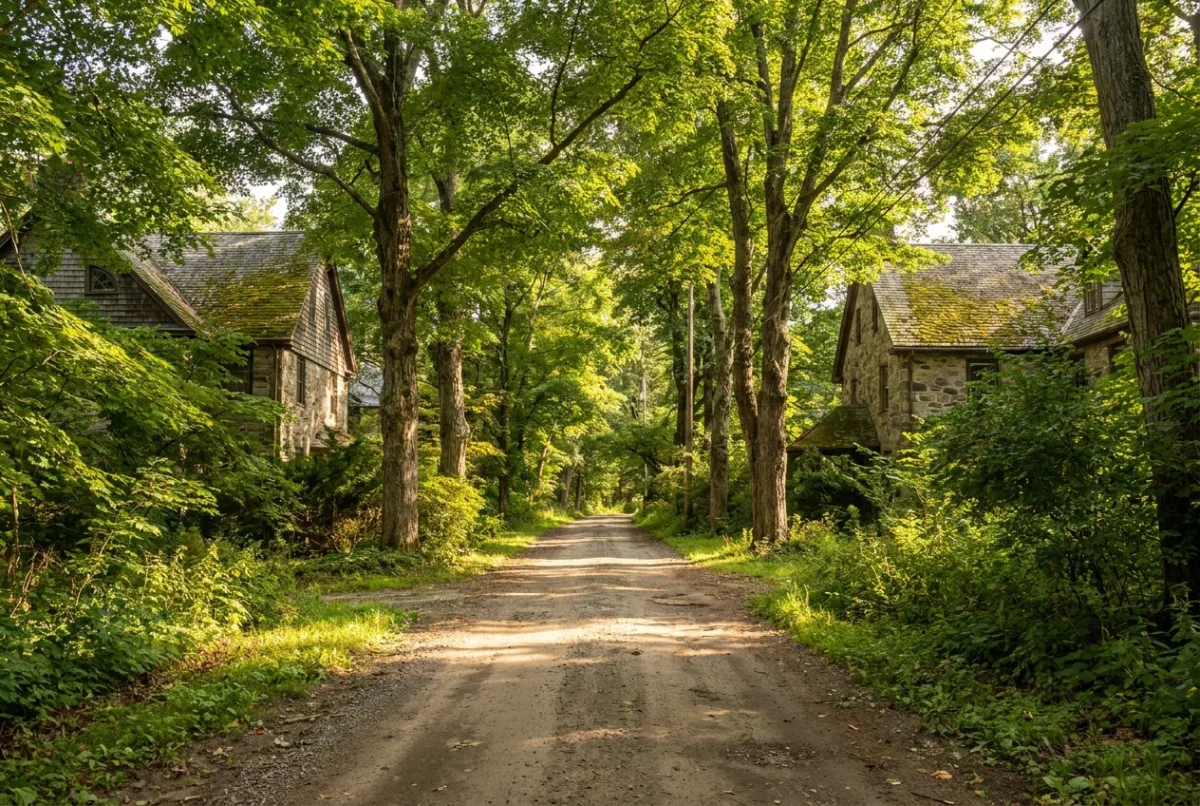 Country lane through wooded residential acreage