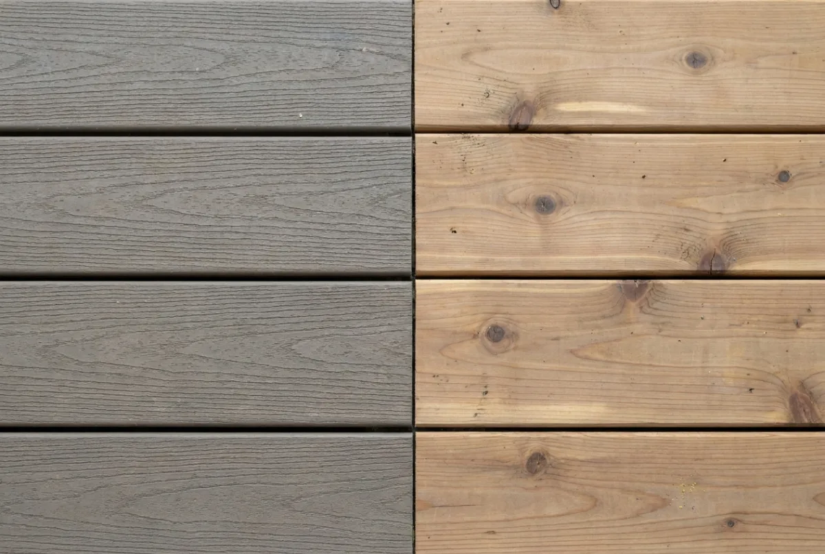 Composite decking beside natural wood decking