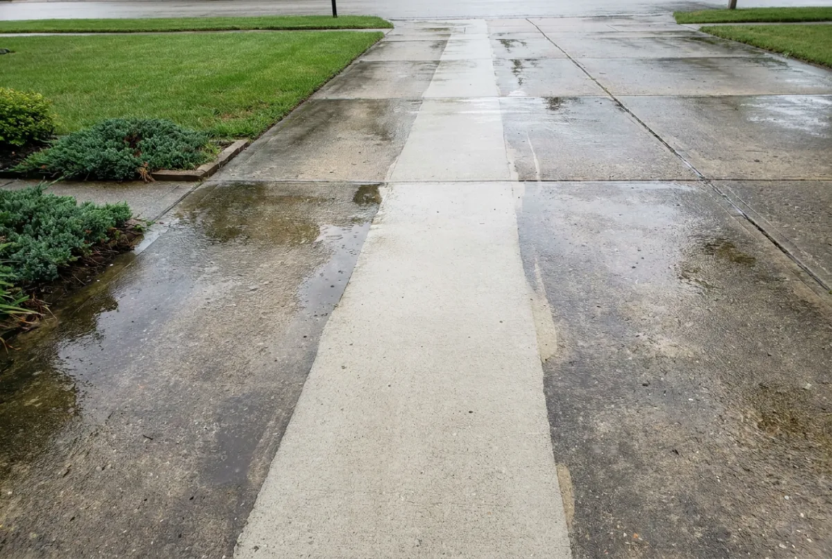 Concrete driveway mid-clean, a bright cleaned strip beside the untreated surface